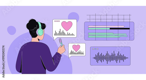 Person with headphones creating audio content with heart icon, waveform, and editing timeline