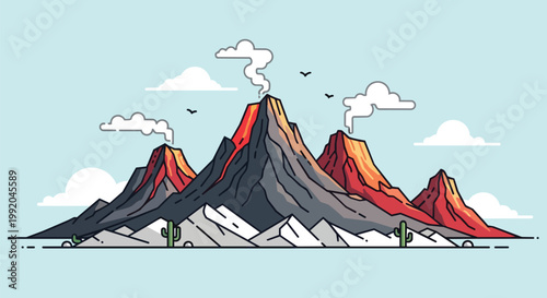 Volcano Landscape Illustration: Erupting Peaks and Desert Scene