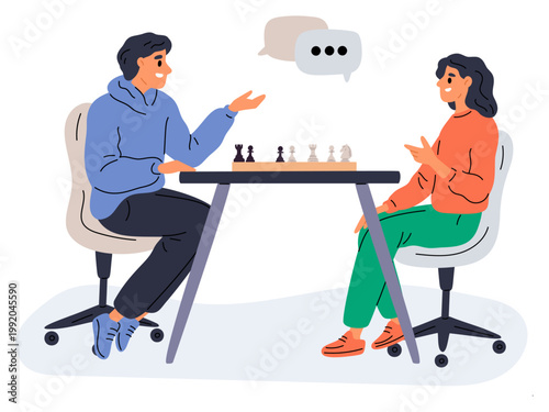 Man and woman play chess. Young couple sitting at table with chessboard and pieces. Intellectual board game. Friends spend time together. Players with speech bubbles. Vector concept