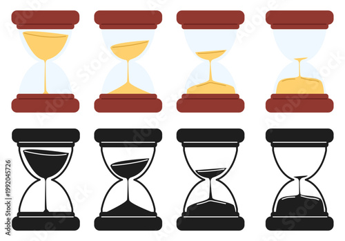 Hourglass icons with different levels of sand. Deadline countdown. Seconds measurement. Hours counting. Silhouette watch. Sandglass symbols set. Vector concept for keeping track of time