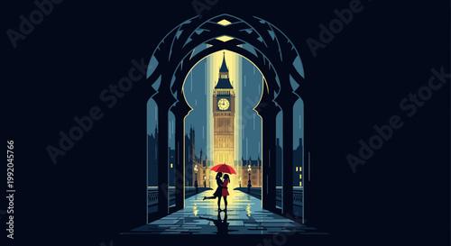 silhouette of woman with umbrella under archway looking at big ben and london cityscape at sunset