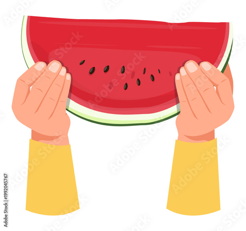 Hands holding large cut piece of watermelon. Natural healthy dessert. Juicy plant. Big melon part. Fresh red berry with seeds and peels. Fruit eat. Food slice in arms. Vector concept