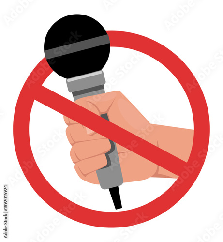 Hand with microphone in red circular prohibition sign. No recording or interview. Mike restriction. Noise ban. Sound stop. Silence or privacy. Broadcast regulation symbol. Vector concept