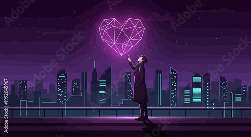 Pixel Art Cityscape with Geometric Heart and Person in Futuristic Neon Light