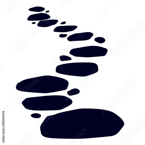 Stone path, black pebble walkway winding garden trail. Minimalist rock stone path, natural paving block landscape element. Outdoor park footpath, zen garden stone decoration