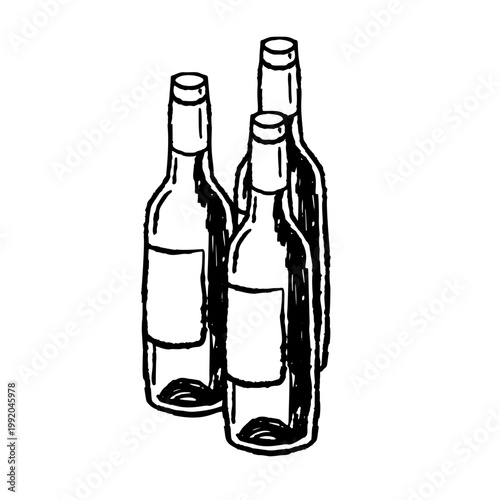 Wine bottles set, hand drawn alcohol beverage sketch, ink doodle wine bottles group. Winery production line art, restaurant cellar menu decor, grape drink shop print, three bottles collection.