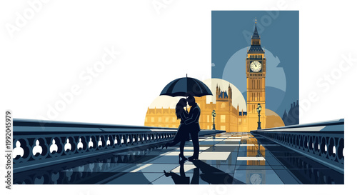 Couple kissing under umbrella on Westminster Bridge with Big Ben London cityscape background illustration