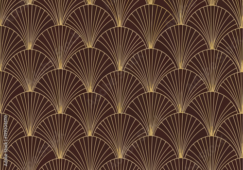 Art deco seamless pattern with golden fan shapes on a dark brown background