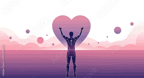 Robot with open arms under a large heart, symbolizing love and technology in a futuristic landscape