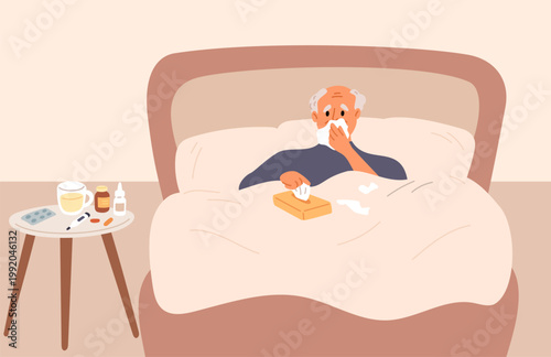 Elderly man is sick in bed at home. Grandfather suffering from runny nose and cold. Disease treatment. Fever and flu. Grandpa sleeping under blanket. Ill grandparent. Vector concept