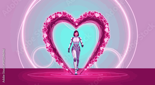 Robot Woman Walks Through Pink Heart Tunnel, Futuristic Love Concept