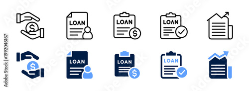 Loan and financial services icon collection. Application forms, growth, savings, mortgage, money, EMI, deposit, and personal loan symbols set. Editable vector illustration transparent icon