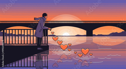 Pixel Art Person Tosses Hearts into Water at Sunset Bridge Reflection