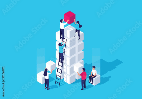 Teamwork concept with people building a tower of white cubes and placing a red block on top, isometric business illustration