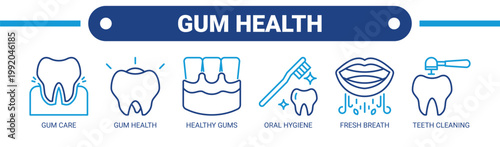 Gum Health web banner icon vector illustration concept with icons of gum care, gum health, healthy gums, oral hygiene, fresh breath, and teeth cleaning. 