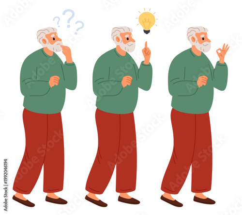 Elderly man comes up with idea. Grandparent asks questions. Grandfather makes OK sign with his fingers. Grandpa thinking about solution. Hand gesture. Brainstorm process. Vector concept