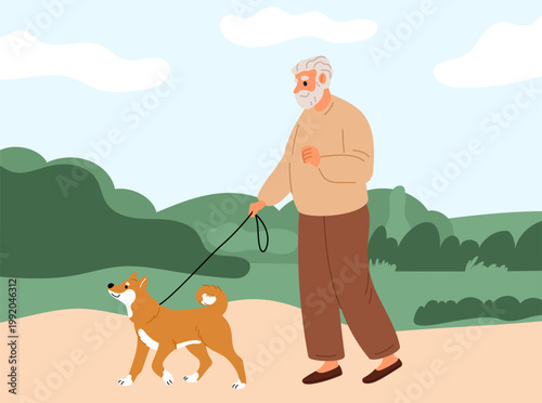 Cheerful elderly man walks his dog in city park. Grandparent spending time together with puppy. Domestics doggy animal at leash. Retired pet owner. Senior male companion. Vector concept