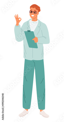 Cheerful doctor in uniform with tablet shows OK sign. Approval gesture. Analysis indicating excellent test results and correct and successful treatment. Happy physician. Vector concept