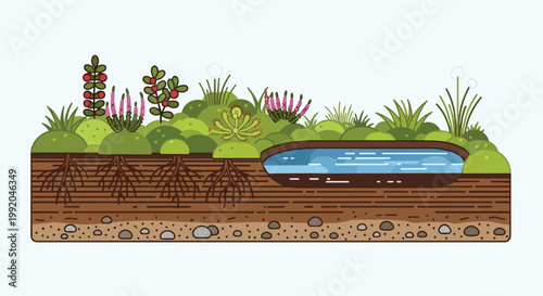 Cross-section of a garden ecosystem with plants, roots, and a pond