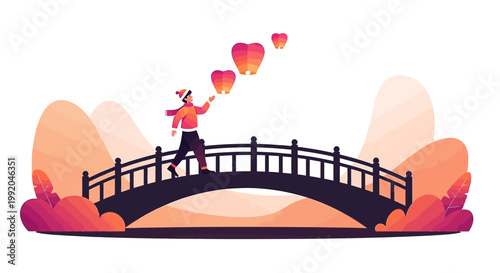 Person releasing sky lanterns on a bridge during winter, symbolizing hope and new beginnings.