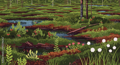 Pixel art swamp landscape with water, moss, and vegetation