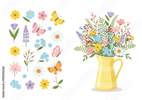 Spring floral collection with colorful wildflowers and butterflies in a yellow pitcher vase