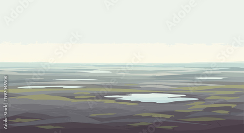 Pixel art landscape with water bodies and marshy terrain under a hazy sky.