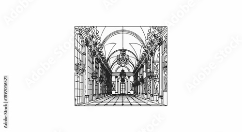 Ornate classical hallway with arched ceilings, chandeliers, and statues