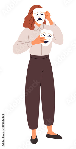 Young woman tries on sad and happy mask. Mood swings. Bipolar disorder. Female insincerity. Split personality. Emotion expression. Comedy and tragedy faces. Vector hypocrisy concept