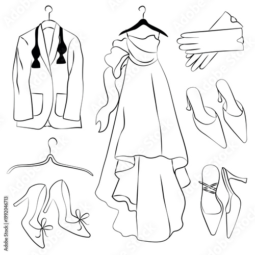 Hand-drawn wedding brides dress and grooms suit, gloves, festive shoes for wedding party decor, invitations in line art style
