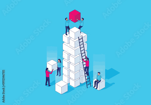 Isometric illustration of a team of people building a tall tower of white cubes with a red cube on top