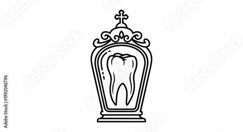 Ornate display case holding a single tooth, topped with a cross
