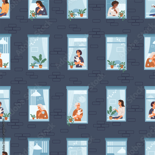 Wall of multi story building with people looking out of windows. Residents of houses seamless pattern. People in apartments. Drinking coffee or playing with pets. Vector background