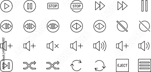 Media Player Icons Set, 25 Black Line Style Play Pause Stop Eject Symbols