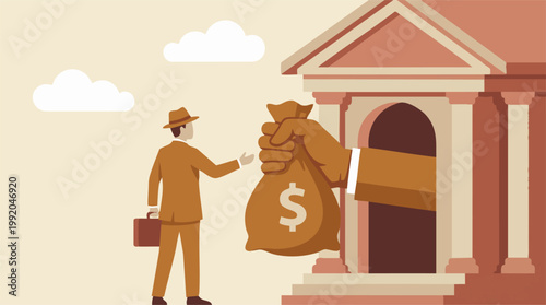 Financial transaction concept: man receiving money bag from a bank or institution