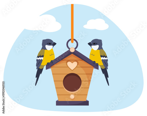 Two little birds sitting on roof of wooden birdhouse. Flying animals. Starling shelters. Handmade craft houses for tits. Titmouse couple. Sparrow dwelling hanging on rope. Vector concept