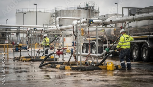 Medium shot of truck loading bay featuring heated transfer lines and safety equipment as workers oversee carbon black feedstock oil filling into tanker trucks.