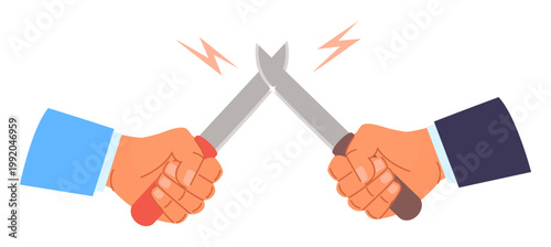 Two businessmen crossed their knives. Fight with daggers symbolizing partners rivalry. Gangsters conflict battle. Vector concept of business competition and aggressive confrontation