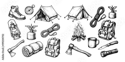 Camping Essentials Engraving Illustration Set