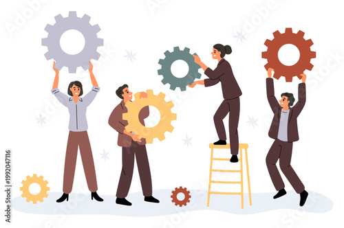 Foto Team of male and female professionals assemble gear mechanism
