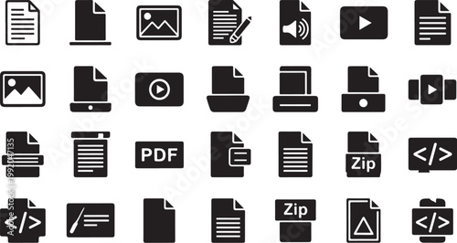 File type icons, document symbols, web and media filetypes, 30 black file format icons