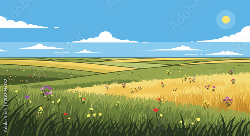 Pixel Art Landscape: Golden Wheat Field, Green Pastures, Wildflowers, Blue Sky