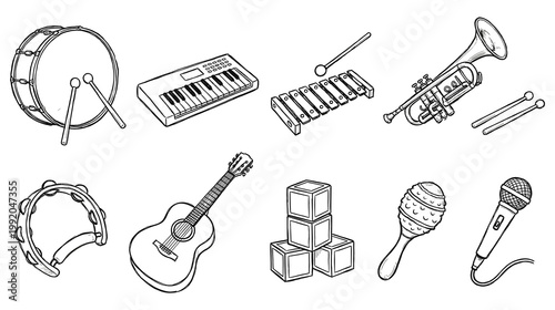 Musical instruments and sound equipment collection in hand drawn black line style.