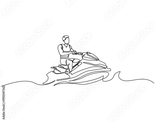 Continuous line drawing of man riding jet ski. Single line illustration of man play jet ski. Extreme water sport concept. Editable outline