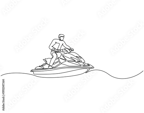 Continuous line drawing of man riding jet ski. Single line illustration of man play jet ski. Extreme water sport concept. Editable outline