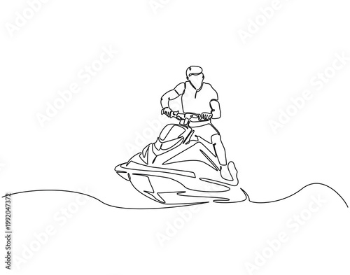 Continuous line drawing of man riding jet ski. Single line illustration of man play jet ski. Extreme water sport concept. Editable outline