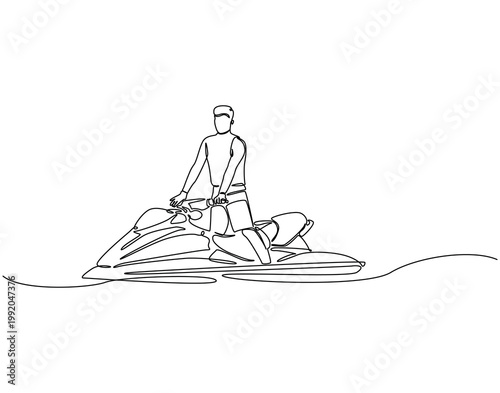 Continuous line drawing of man riding jet ski. Single line illustration of man play jet ski. Extreme water sport concept. Editable outline