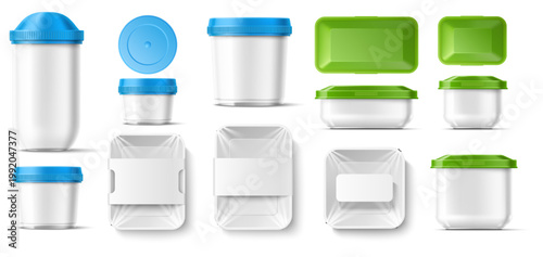 Designs for transparent food containers. Realistic plastic boxes with colored lids. Food storage. Round and square packaging. Trays with cellophane covers. Vector 3D clean packages set