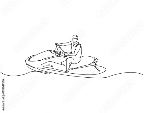 Continuous line drawing of man riding jet ski. Single line illustration of man play jet ski. Extreme water sport concept. Editable outline