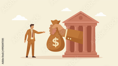Businessman receiving a money bag from a bank, symbolizing a loan or investment.